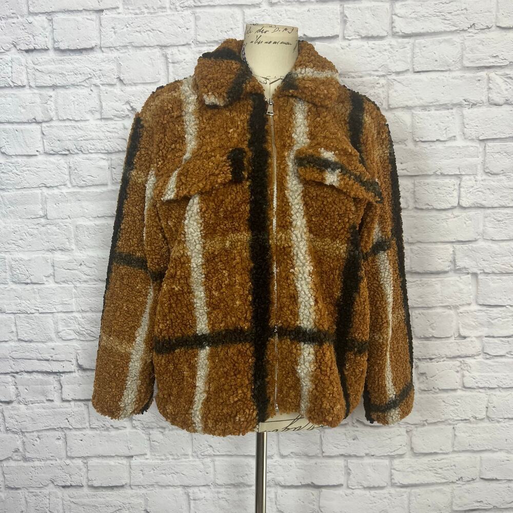 Stoosh Plaid Teddy Zip Up Coat - Size Medium